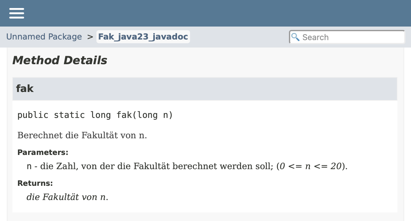 Generierte Dokumentation für die Funktion fak(long n)